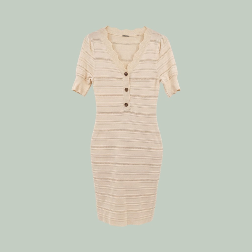 Elie Tahari Cream Pointelle Knit V-Neck Short Sleeve Sweater Dress Large